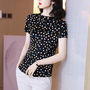 清度真丝短袖女半高领夏季新款波点印花针织桑蚕丝半袖t恤小衫