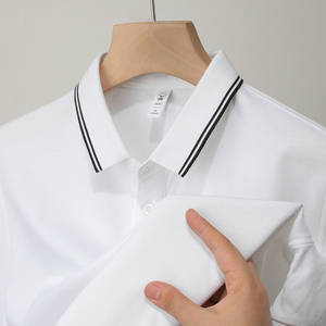男士短袖polo衫夏季高端冰丝条纹领口t恤宽松白色轻奢保罗菠萝衫