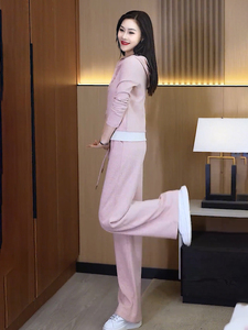 休闲运动粉色套装女装2024春秋新款韩版时尚显瘦卫衣阔腿裤两件套