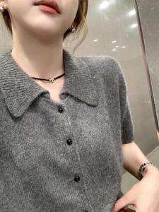 灰色Polo领短袖针织开衫女夏季新款设计感复古软糯羊绒打底衫上衣