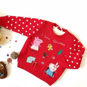 KAMIMI童装21冬季新款儿童圣诞节红色卡通粉红猪刺绣加绒加厚毛衣