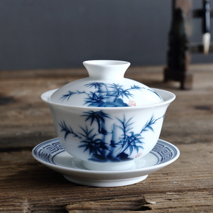 吴氏品雅高温釉下彩手绘竹三才盖碗广东潮汕功夫茶具套装家用陶瓷