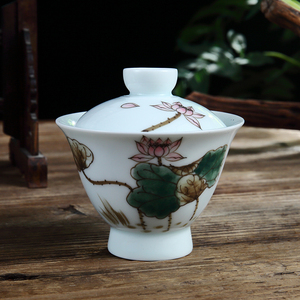 吴氏品雅影青五彩莲花高脚盖碗防烫大容量单个大号高端茶具套装