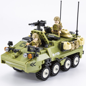 杰星积木MOC陆军M1126运输装甲车水陆两栖八轮步兵战车机关炮拼装