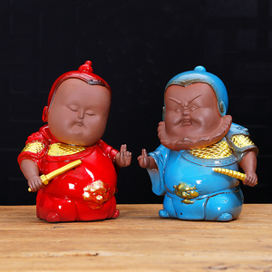 哼哈二将小门神摆件紫砂陶瓷创意人物佛像风水镇宅家居客厅装饰品