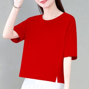 大红色纯棉短袖t恤女夏季宽松休闲喜庆洋气简约短款纯色圆领上衣