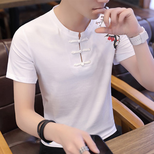 2019夏季男士短袖t恤潮流个性印花韩版修身v领半袖衣服中国风男装