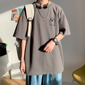 韩版复古灰色T恤男夏季加长版大码短袖高个子精梳棉小领口体桖衫