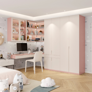 现代简约公主房儿童转角衣柜书桌一体靠墙卧室家用定制置物架书柜