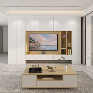实木电视柜简约现代边柜高柜客厅一体背景墙组合白色轻奢吊柜定制