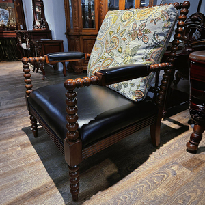 美式沙发珍珠椅实木皮艺单人法式中复古风客厅带扶手葫芦休闲椅子