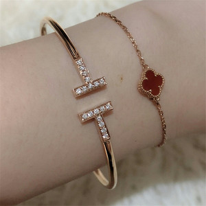 tiffany/蒂芙尼手镯女 18k玫瑰金双t镶钻白贝母男女情侣开口手环