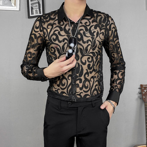 长袖衬衫男免烫薄款纯色镂空蕾丝个性衣服性感帅气修身男士衬衣潮