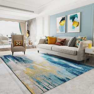 设计师 现代北欧简约客厅茶几大地毯水墨抽象蓝色家用卧室地垫