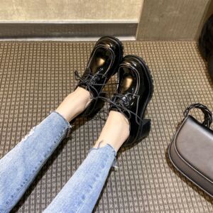 安妮娜女鞋春季新款粗跟方头漆皮系带单鞋增高五厘米乐福鞋2655