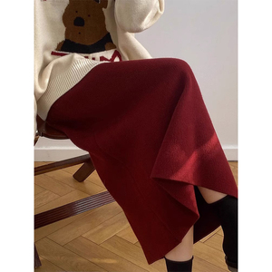 法式红色包臀半身裙气质冬季加厚小个子梨形身材高腰a字毛呢长裙