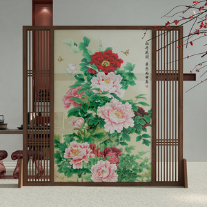 中式屏风隔断客厅简约现代实木玄关进门卧室遮挡家用移动座屏牡丹