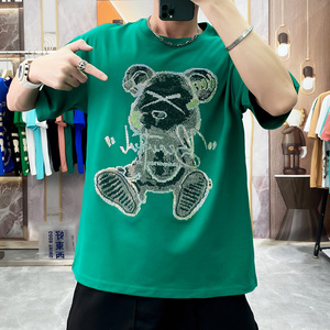 levЕlvЕ欧洲站短袖t恤男2022夏季新款小熊烫钻潮流宽松半袖上衣