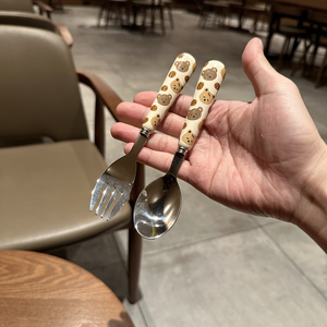 304不锈钢奶油曲奇熊儿童勺子陶瓷手柄宝宝吃饭家用餐勺叉子餐具