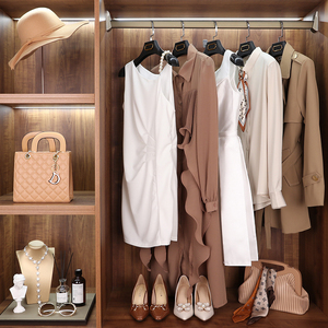 驼色样板房衣帽间女士服装组合套装衣柜衣服道具包包梳妆台搭配