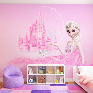定制儿童房墙纸女孩卧室爱莎公主壁画冰雪奇缘卡通粉色背景墙墙布