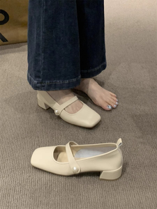 方头玛丽珍鞋女鞋子2024年春秋新款粗跟一字带法式配裙子气质单鞋
