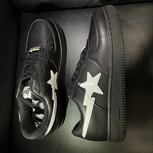 双色bape sta 鞋子黑白纯黑板鞋拼接低帮dunk高街拼色系带星星鞋
