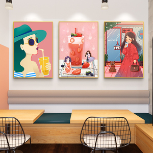 奶茶店墙壁装饰画网红饮品店背景挂画可爱奶茶女孩创意墙画壁画