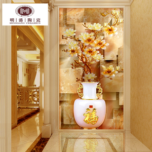玄关瓷砖背景墙现代欧式客厅走廊过道彩雕墙砖3d陶瓷壁画玉兰花瓶