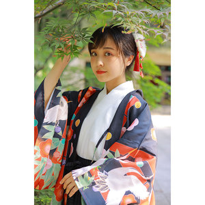 日本和服女正装羽织外套和服樱花仙鹤柄日常和风和服cos套装