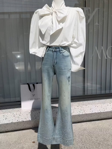 蝴蝶领结长袖衬衫女夏季新款韩系韩版减龄休闲衬衣牛仔裤两件套装