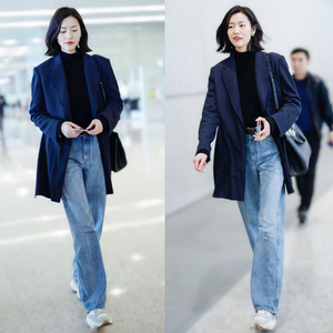 tuxee刘雯明星同款衣服复古做旧浅色直筒牛仔裤女高腰显瘦阔腿裤