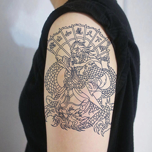 线条战神赵子龙赵云花臂纹身贴防水男女逼真刺青图腾臂持久八旗字