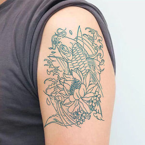 线条鲤鱼刺青色浪花锦鲤防水纹身贴持久逼真割线男女花臂小腿贴纸