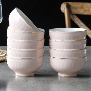 碗家用2024新款金边饭碗面碗高颜值浮雕碗盘碗碟套装陶瓷餐具粉色