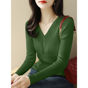 高级绿色v领纽扣修身长袖内搭打底衫上衣女装春秋新款针织毛衣薄