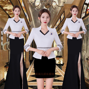 dj公主服秋冬七分袖白色夜总会ktv包房工衣套装夜场酒店迎宾长裙