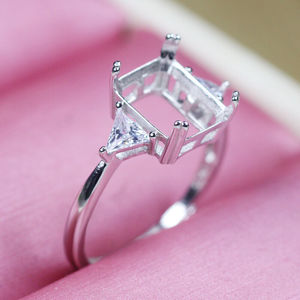 雷迪恩冰花切钻戒托女款长方形戒指空托925银开口可调节雷迪恩