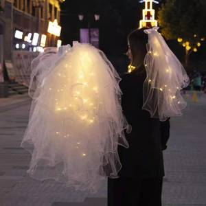 LED发光头饰双层卷头纱超仙丝带韩式蝴蝶拍照婚礼写真森系简单