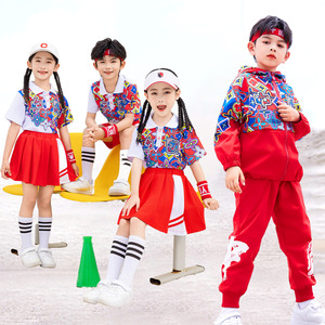 儿童小学生校服春秋三件套装夏季短袖中国红色运动班服幼儿园园服