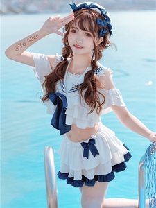 泳衣女分体学生少女可爱原创自制lolita裙水手服分体泳衣装现货