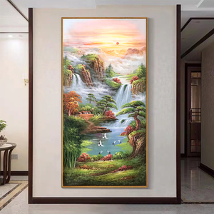 手绘油画风景旭日东升墙面装饰画玄关挂办公室走廊过道画竖版定制