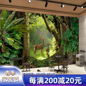 森林小鹿墙纸背景墙壁画风景主题热带雨林生态绿色植物大自然壁纸