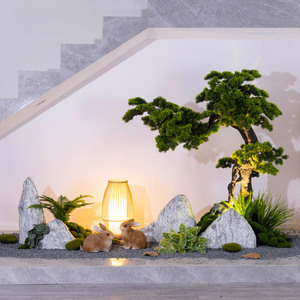 仿真迎客松雪浪石组合楼梯下造景室内枯山水景观酒店橱窗山石摆件