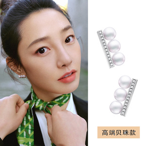明星白百何同款耳钉纯银tasaki三个小珍珠贝珠平衡木新耳钉女耳饰