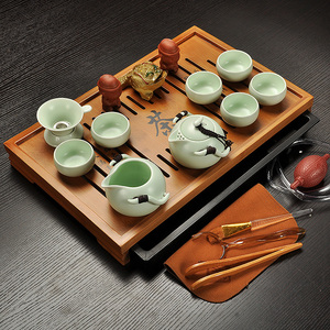 茶具套装家用包邮紫砂功夫陶瓷冰裂茶具整套 竹实木茶盘茶海茶道