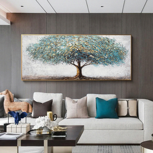 高级感原创手绘油画客厅沙发背景墙装饰画横版轻奢挂画肌理发财树