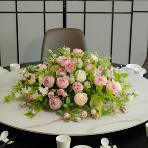 高档酒店包厢大圆桌电动转盘摆花装饰仿真花艺圆形餐桌花摆件假花