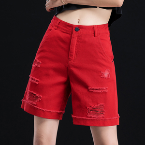 红色牛仔短裤女2024年新款夏季薄款破洞五分裤女高腰宽松直筒中裤