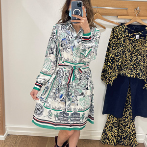 tommy hilfiger汤米女士时尚气质中长款系带长袖衬衫裙雪纺连衣裙